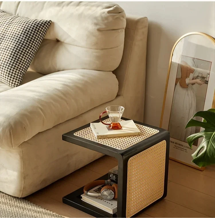 35x35x35cm Coffee Table Books Retro Living Room Side Table Solid Wood Rattan Nightstand Creative Multi-functional Step Stool