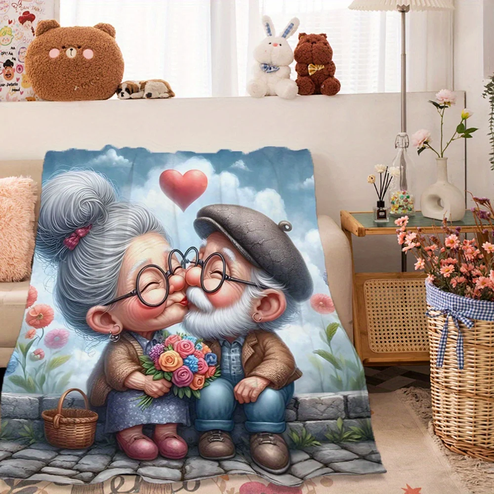 Grandparents Romantic Love Theme Blanket - Soft Lightweight Flannel Throw with Cute Elderly Couple Kissing, Floral Hearts - All-