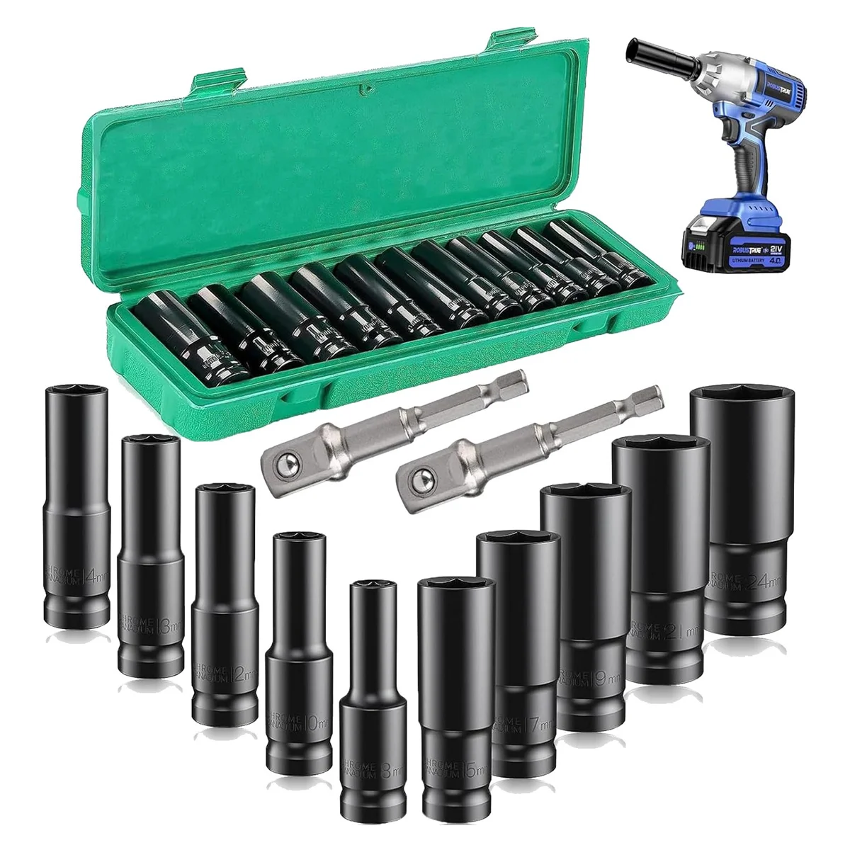 

Deep Impact Socket Set,12Pcs 1/2 inch Socket Sets 8-24mm and Storage Box with Driver Socket Extensions For Automotive