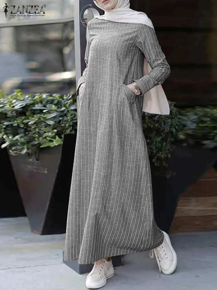 2023 ZANZEA Muslim Maxi Dress Women\'s Autumn Striped Sundress Casual Long Sleeve Vestidos Female O Neck Cotton Robe Oversize