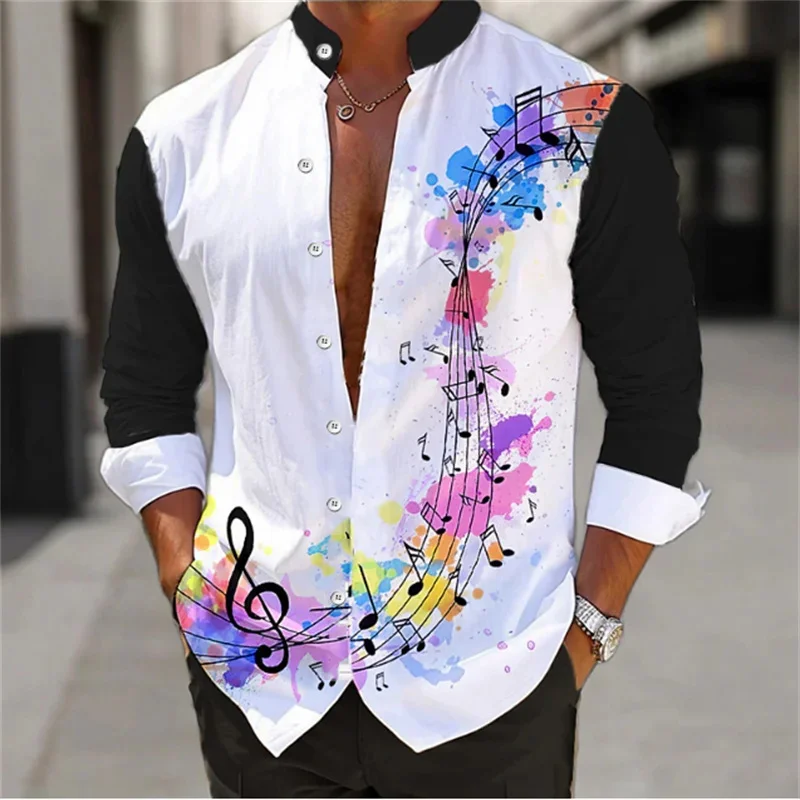 Summer 2024 Men\'s Shirt Long Sleeve Music Note 3D Printed Stand Collar Single Breasted Cardigan Hawaiian Casual Men\'s Shirt 6XL