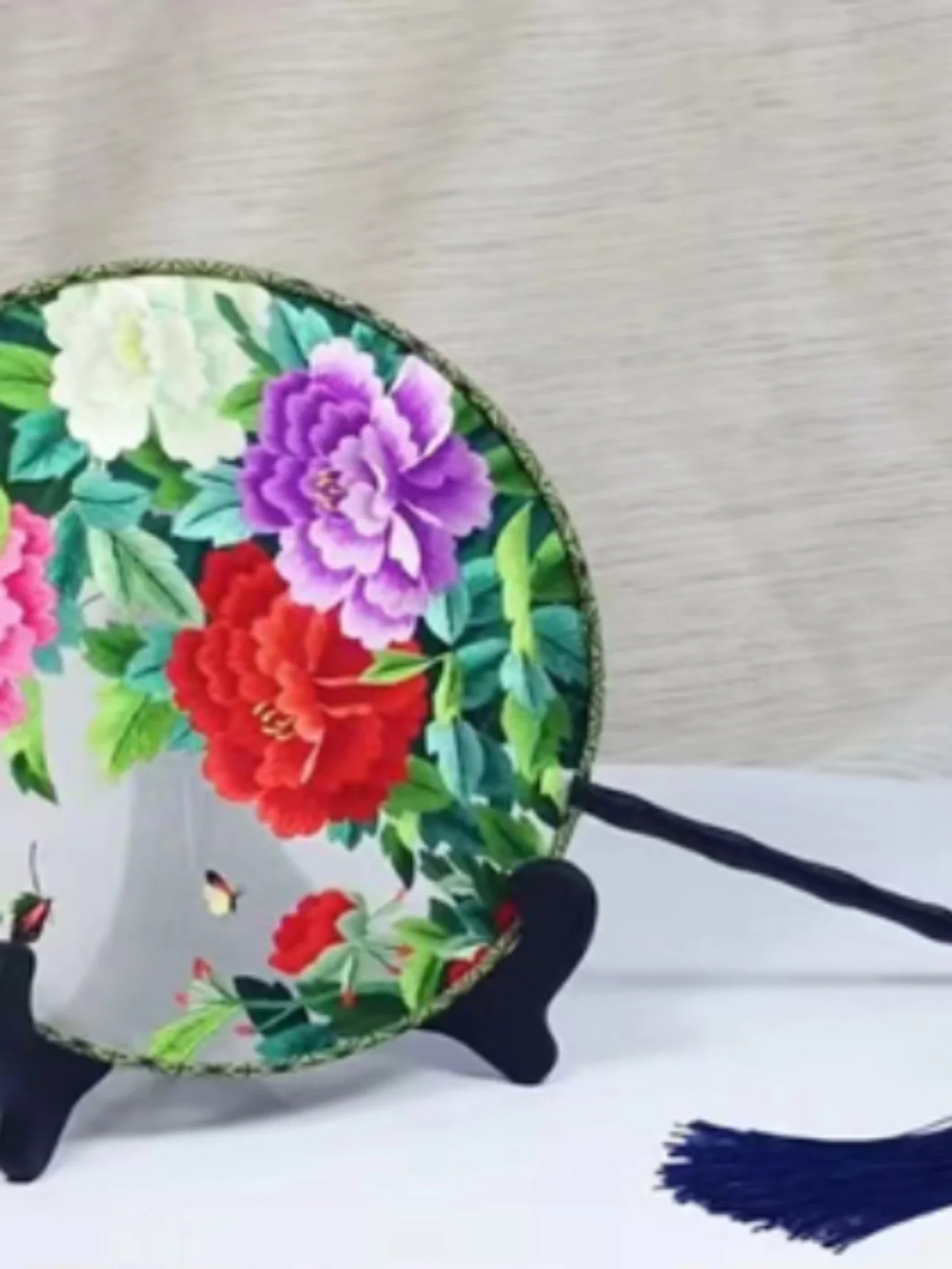 Handmade Double-Sided Embroidery Panda Peony Fan, Round Craft Gift