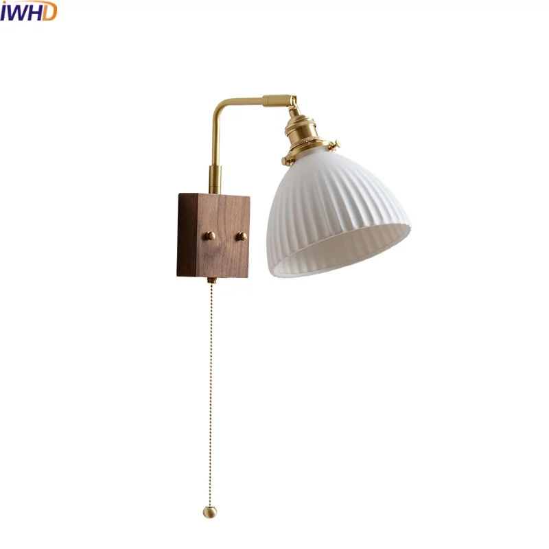 IWHD Ceramic Copper LED Wall Lamps For Living Room Bedroom Bathroom Mirror Light Fixtures Pull Chain Switch Home Decor