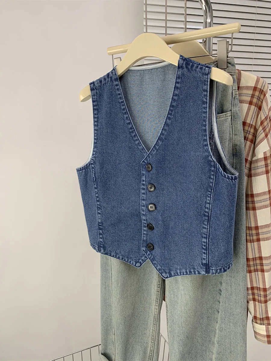 

Slimming Effect Korean Sle V-Ne Denim Vest Women's Summer Simple Retro Waist-Cinching Thin Vest Jaet Thin