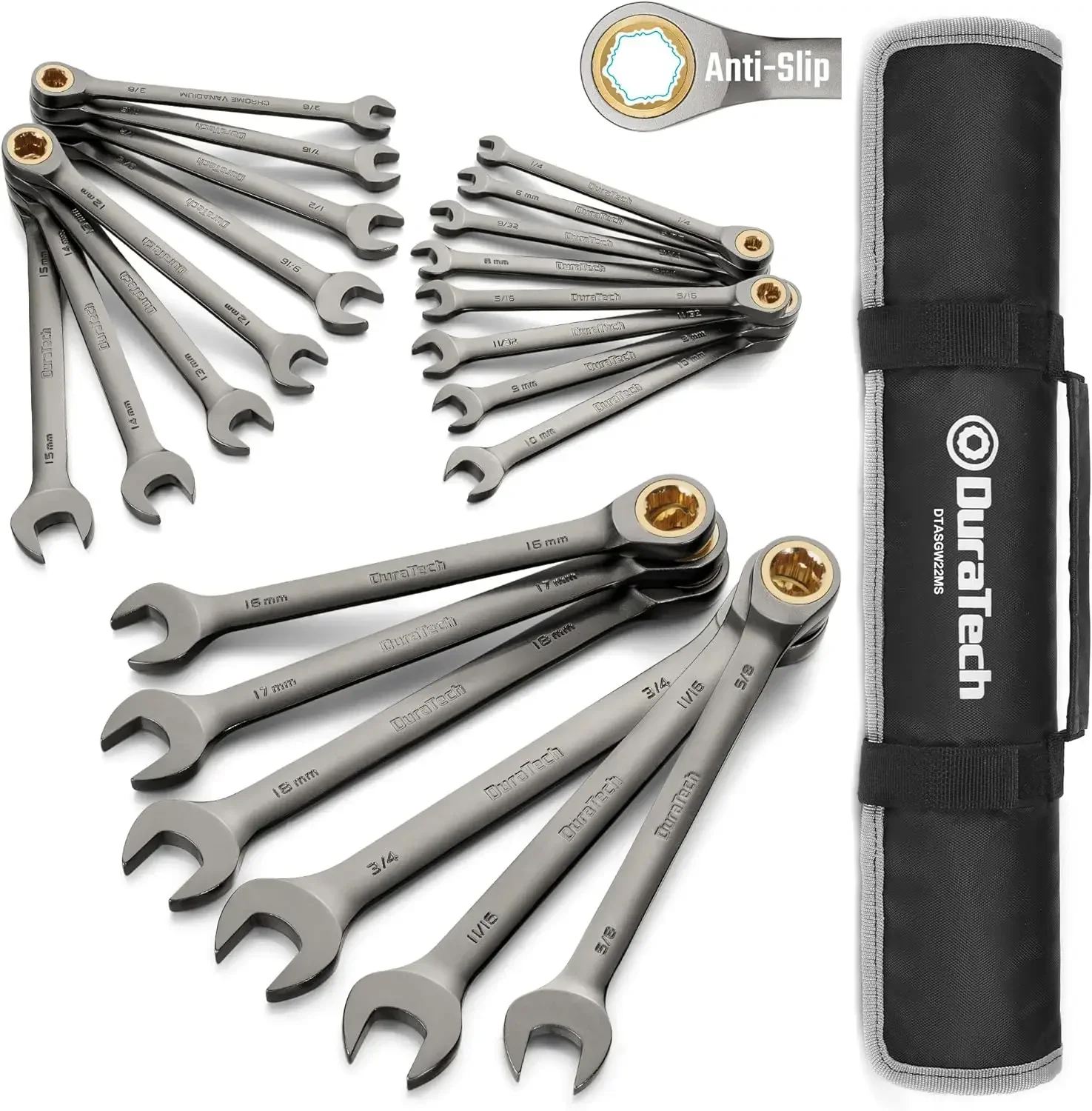 

Anti-Slip Ratcheting Wrench Set, Combination Wrench Set, 22-piece, Metric & SAE, 1/4" to 3/4" & 6-18mm, 72-Tooth, CR-V Steel