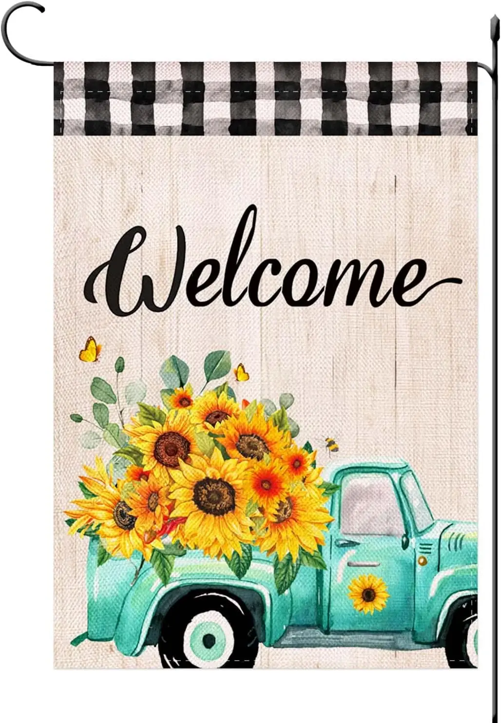 Welcome Spring Summer Truck with Sunflowers Garden flag,Buffalo Plaid Sunflower Small Garden Flag Double Sided Yard Flag Lawn Ou