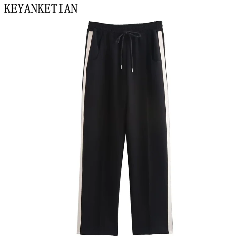 

KEYANKETIAN 2024 New Women's Patchwork Striped Trousers Autumn/Winter Drawstring Elastic Waist Loose Sweatpants Straight Pants