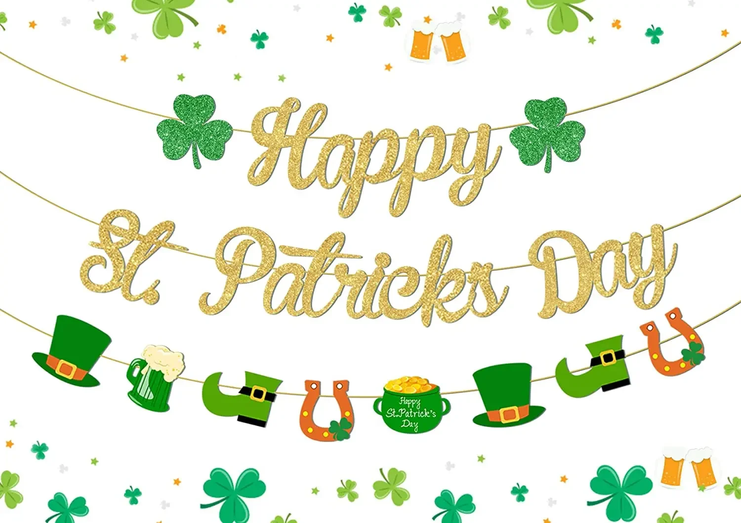 

St. Patrick 's Day Banner Decorations Shamrock Clover Garland Banner Irish Party Lucky One Party Supplies Green and Gold Garland