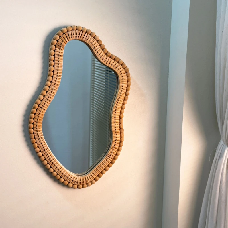 Solid wood rattan woven makeup mirror, decorative mirror, vintage French country-style for women, wall-mounted