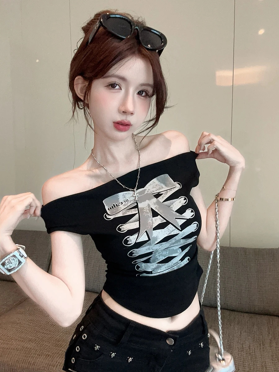 

Korean Style Slim Fit Short Sleeve T-Shirt Women Sexy Shoulder Print Knot American Black Summer Hot Girl Top