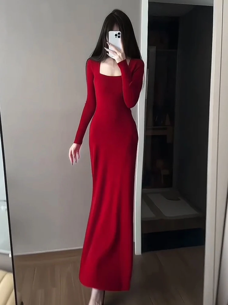 Vermelho de malha dr feminino outono inverno ano novo cintura alta saia longa macio e confortável coreano sle interior usar camada base