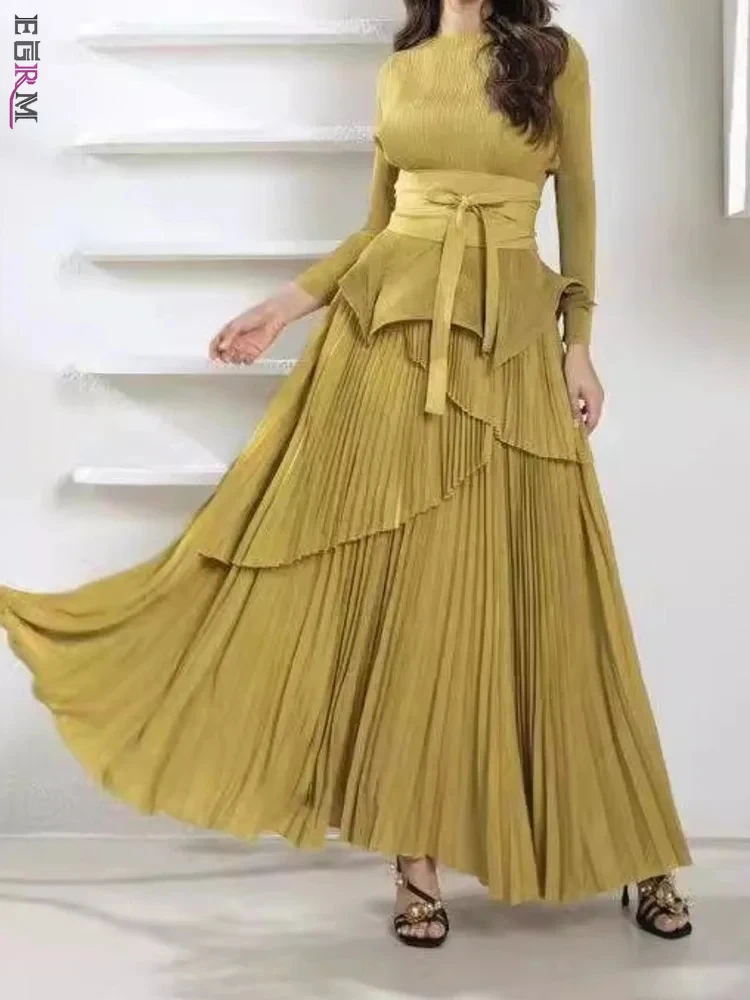 EGRM Fashion Party Pleated 2 Piece Set Women O-Neck Irregular Belt Gathered Waist Solid Long Dresses 2024 Autumn New 9EG5016