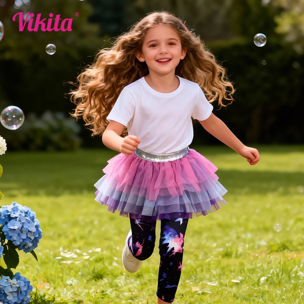 VIKITA Mädchen Fake 2-teilige Leggings Kinder Meerjungfrau Fee Stern Aufdruck Skinny Hose mit mehrlagigem Tüllrock Kleinkinder Polyesterhose