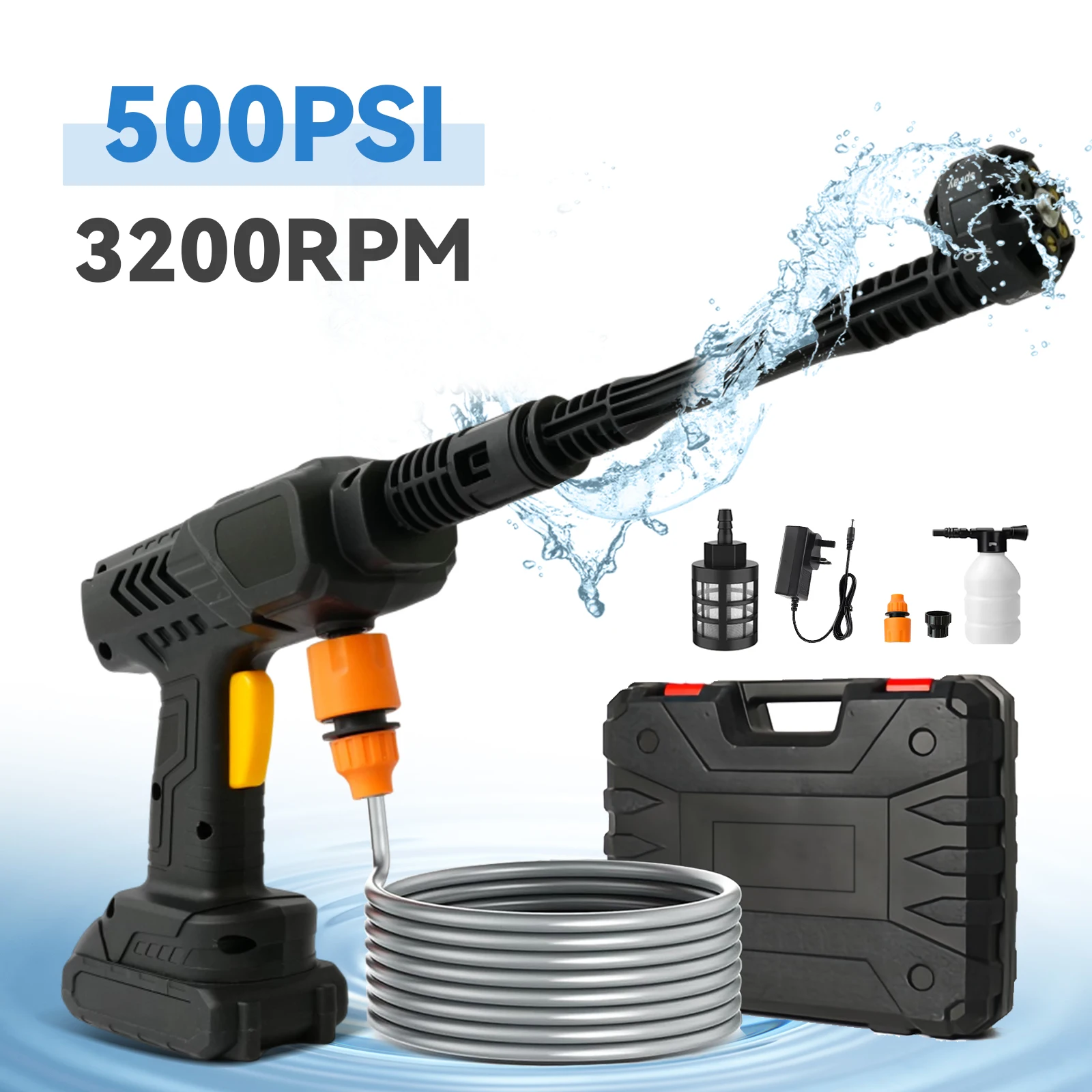 Cordless Pressure Washer Gun 3200rpm 6-in-1 Nozzle 21V 500PSI Electric Power 10M (32.8FT) Hose with 2xBattery for Floor Cleaning Car Washing