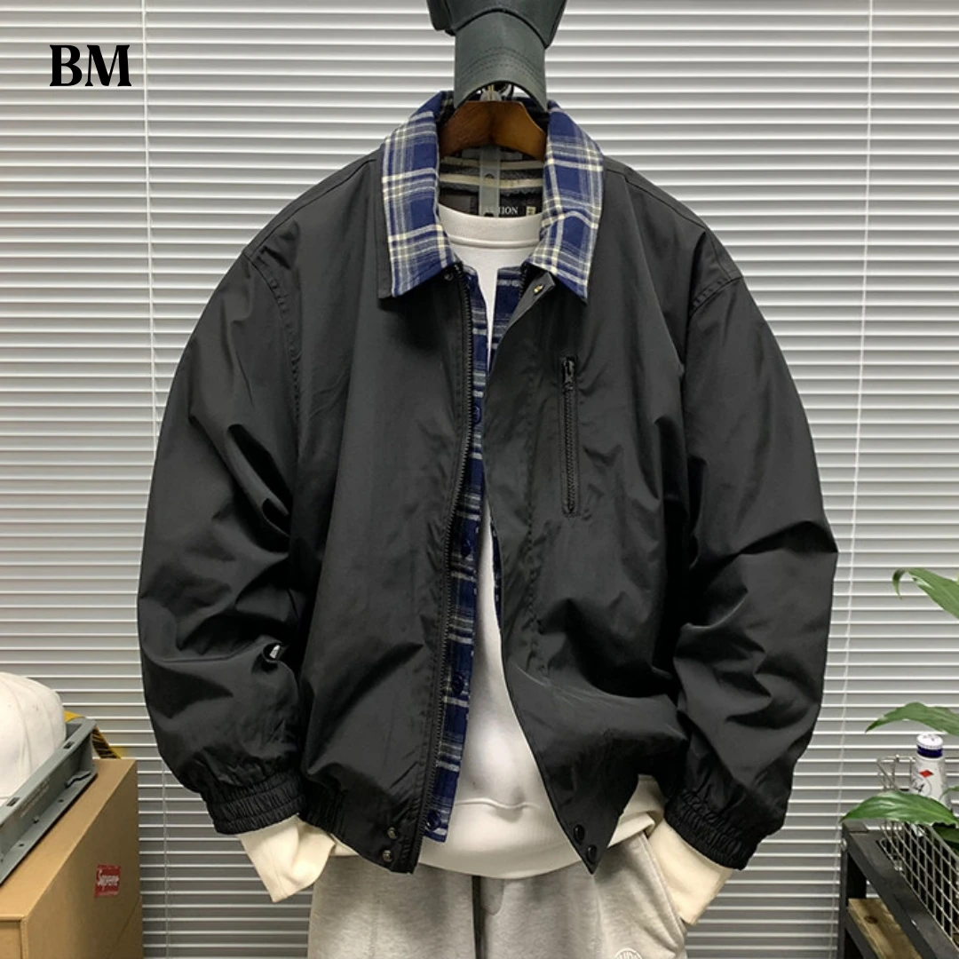 

Men's Regular Fit Plaid Patchwork Bomber Jacket Retro American Style Turn down Collar Casual Spring Autumn Streetwear Coat Male
