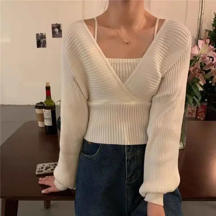 Autumn Lace-up Sling Knitted Pullovers Top Winter New Slim Korean Solid Color V-neck Short Top Knit Sweater Women Jumper Full