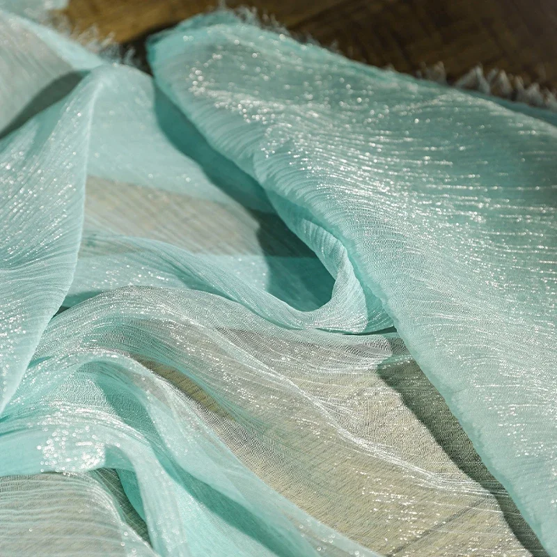 Micro Shiny Chiffon Mesh Fabric Semi-Transparent Soft Gauze Wedding Dress Shirts Clothing DIY Glitter Wrinkled Sheer Fabric