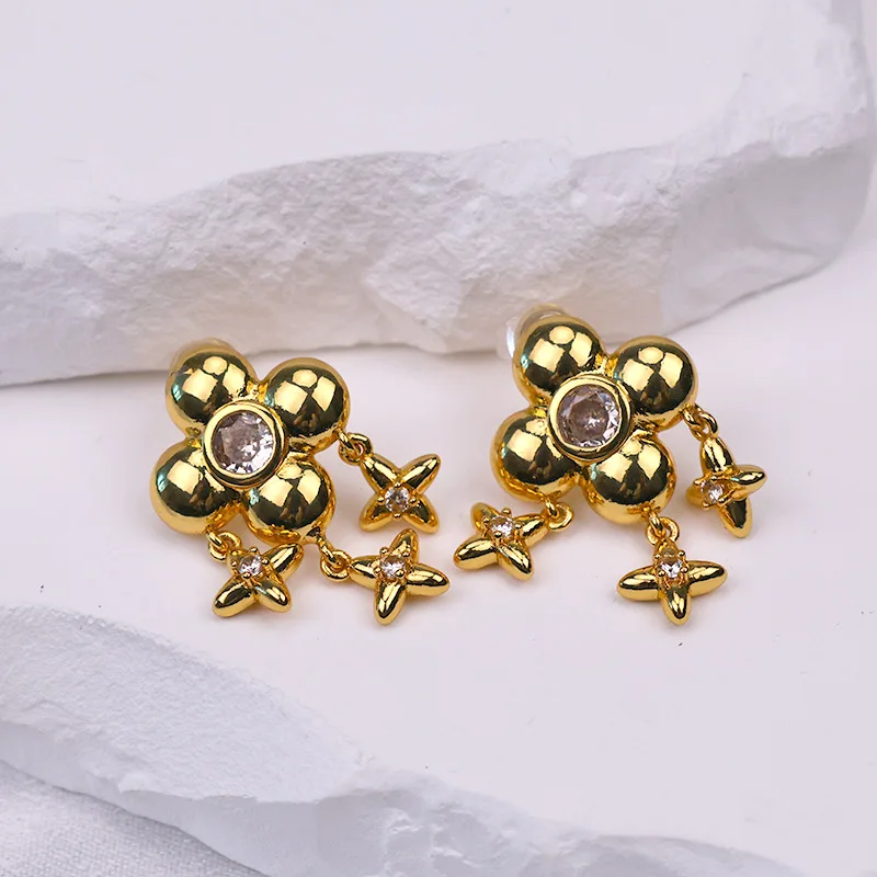 Goldenway 14K Gold Filled Star Clover Ear Drop Dangle For Women Waterproof Zircon Tassel Earring Daily Shining Jewelry Wholesale