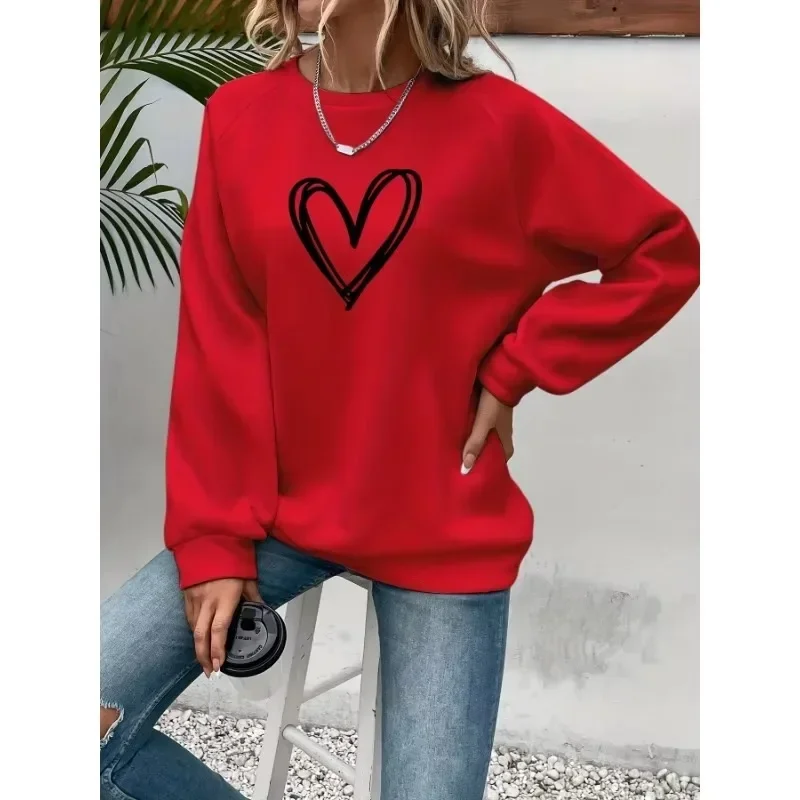 Jersey informal con estampado de corazón y cuello redondo para mujer, sudadera suave de manga larga para primavera y otoño, jersey de calle que combina con todo