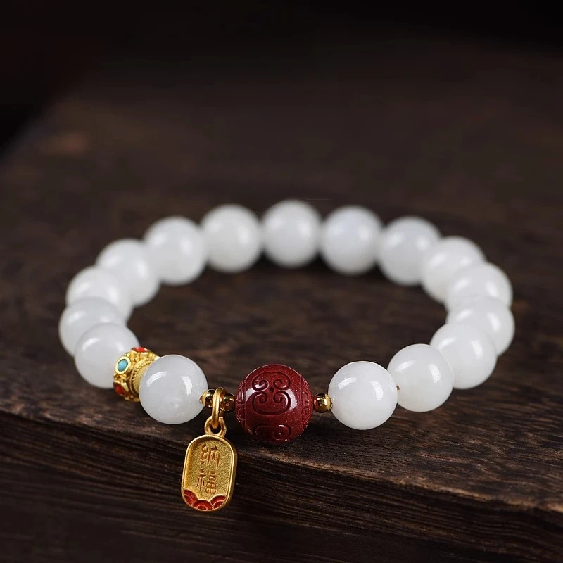 Golden Silk Jade with Cinnabar Transfer Bead Bracelet Exquisite Women's Models