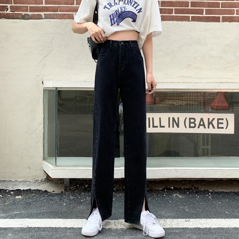 

Джинсы с разрезом и высокой талией, женские весенние новые прямые свободные утягивающие брюки больших размеров с широкими штанинами, модные брюки длиной до пола