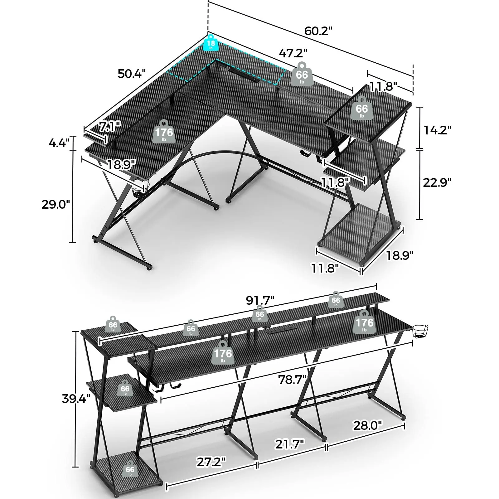 L Shaped Gaming Desk with LED Lights & Power Outlets, 50” Reversible Computer Desk with Storage Shelf & Monitor Stand, Corner De