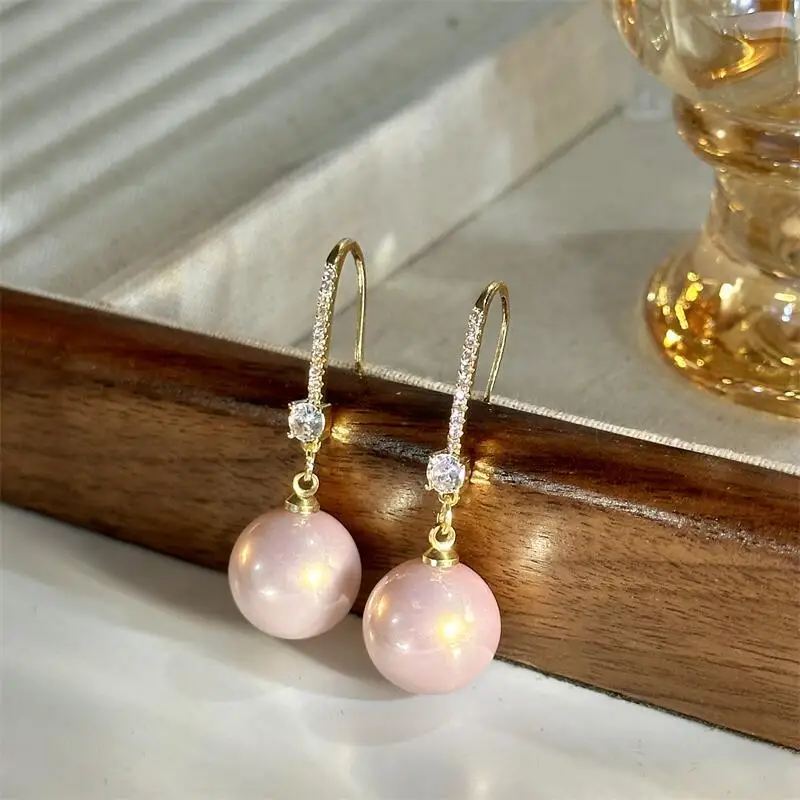 High-grade Korean fashion pearl earrings femininity trend zircon earrings simple light luxury pink hook earrings