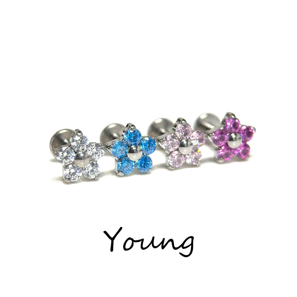 F136 Titanium Pentagram Flower Cubic Zircon Earrings Lip Staples Implantable Grade Anti-Allergy Ear Bone Cochlear Nails