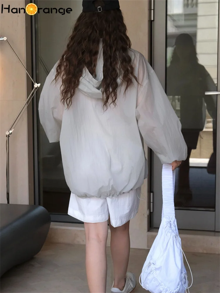 HanOrange 2025 Summer Thin Hoodie Women Half Front Placket Sunscreen Hooded Jacket Soft Nylon Transparent Grey/Creamy Yellow