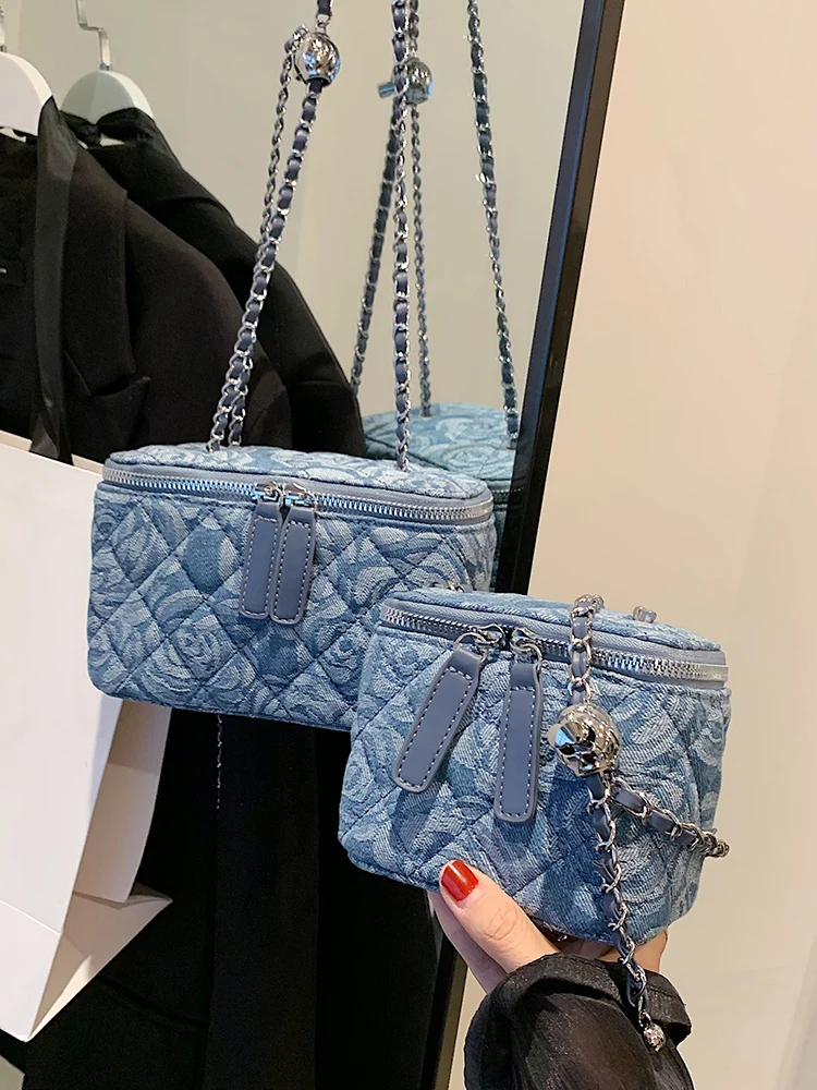 Blue Denim Rose Print Chain Crossbody Bag 2024 New Summer Cool Girls Zipper Box Small Square Bag Fashion Elegant Shoulder Bags