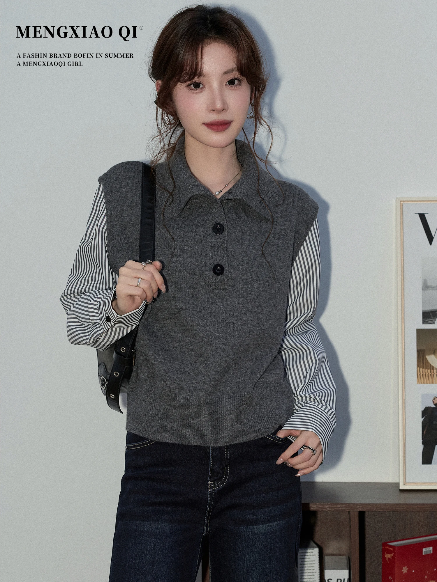 

Meng Xiaoqi Korean Sle Loose Knitted Vest Women's Spring Stripe Splicing Fake Two-Piece Collar Long Sve irt