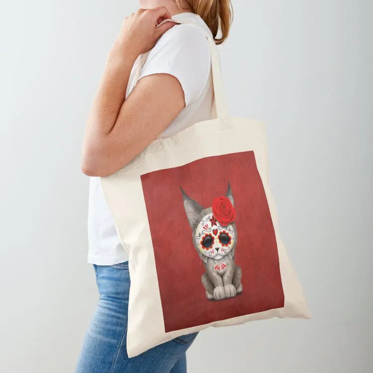 

Red Day of the Dead Sugar Skull Lynx Cub Tote Bag Handbags Candy bags Portable shopping bag canvas tote bags