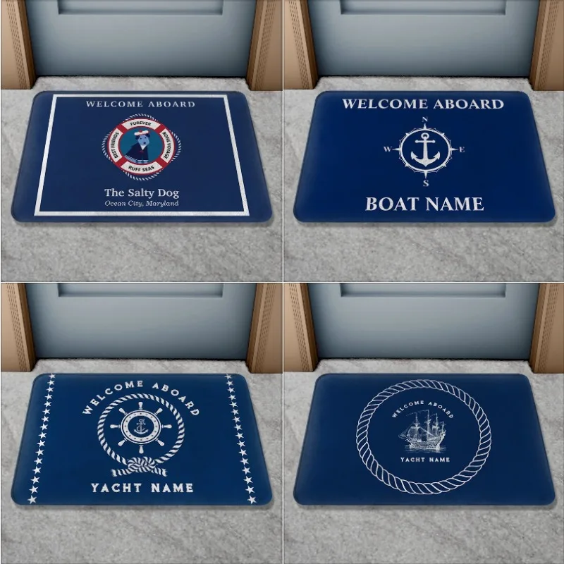 Boat Name Doormat Personalized Nautical Anchor Compass Ship Wheel Rope Non-Slip Bath Mat Yacht Decor Indoor Outdoor Welcome Ru