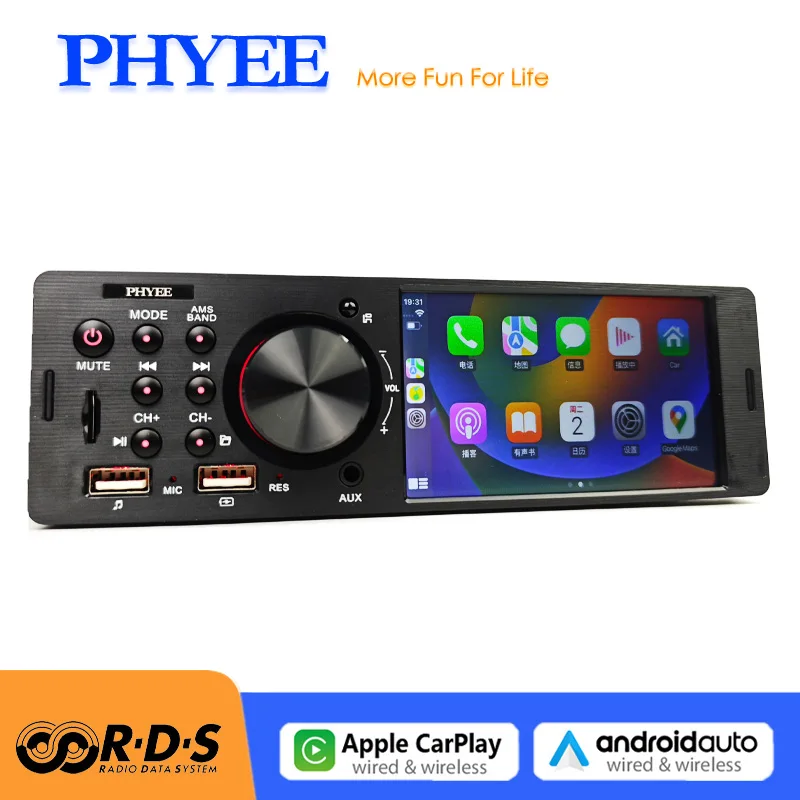 PHYEE 1 Din CarPlay Autoradio مع Android-Auto اللاسلكي، Bluetooth 5.0، RDS FM AM، USB/TF/AUX، وحدة رأس راديو السيارة 4 بوصة F7805WR