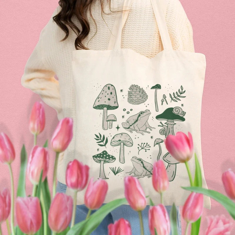 1 pc Mushroom And Frog pattern Tote Bag Canvas Shoulder Bag For Travel Daily Commute Women's Reusable Shopping Bag