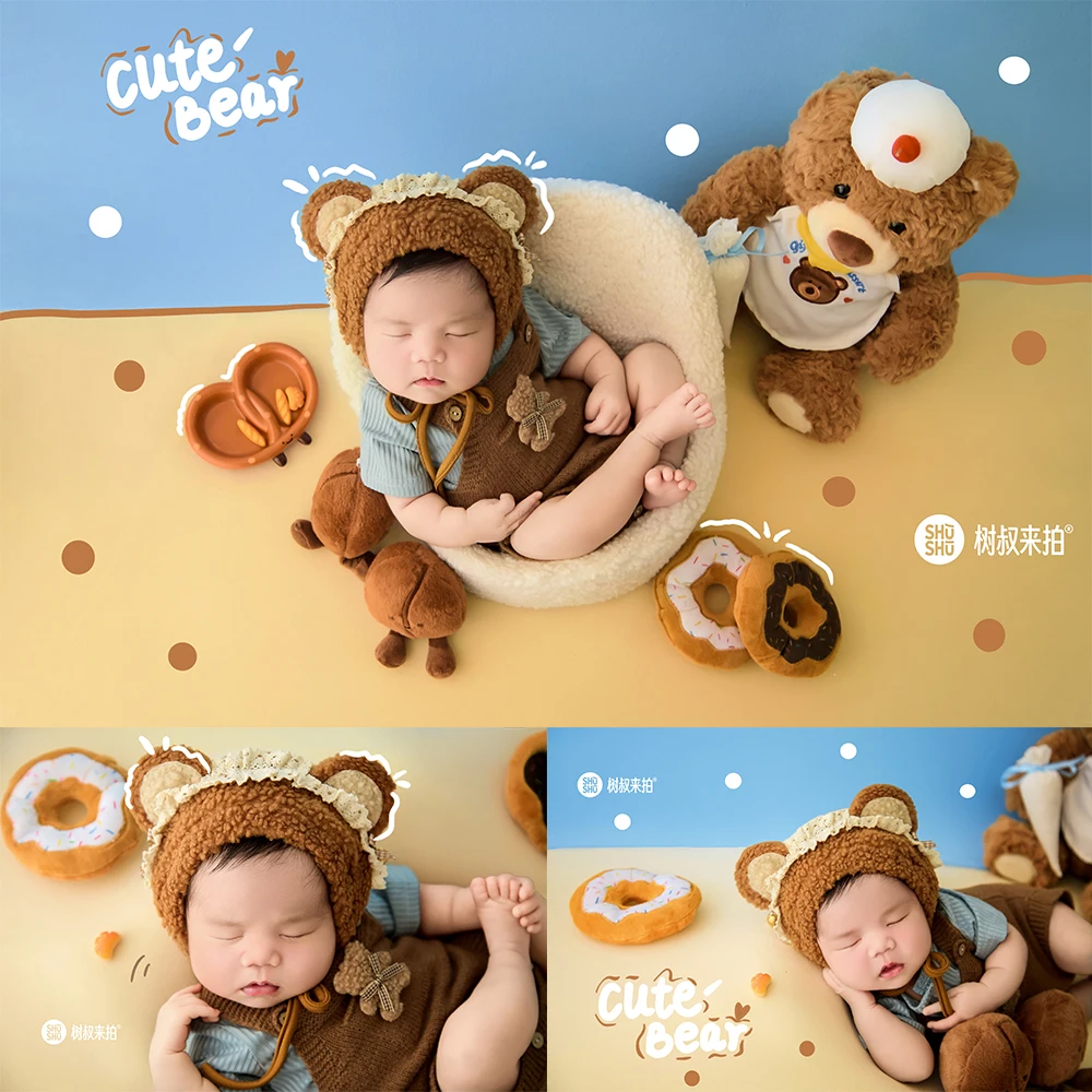 

Newborn Photography Props Adorable Teddy Bear Theme Soft Bear Hat+baby Costume Set Plush Bear Doll Donuts Props for Photographer