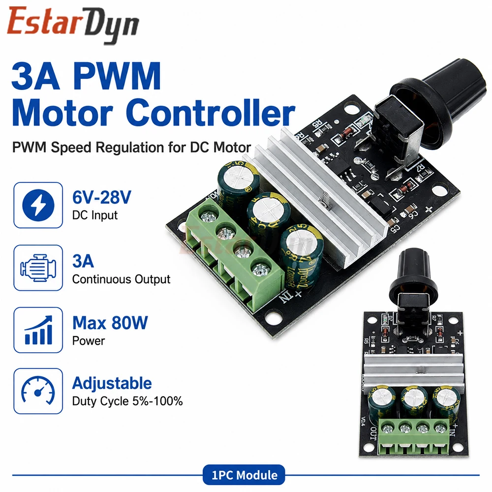 Estardyn 3A 80W PWM DC 6-28V Motor Speed Controller Module with Potentiometer Switch for Fan Pump DIY