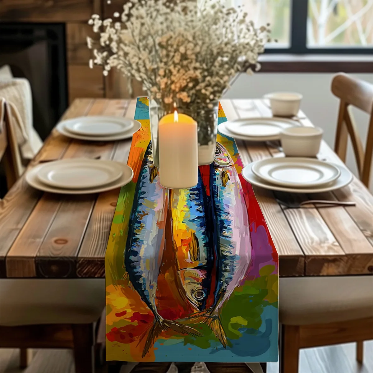 print table runner Abstract Mackerel Fish Colorful Style Table Flag dressing table flag for Kitchen & Home, Housewarming Gift