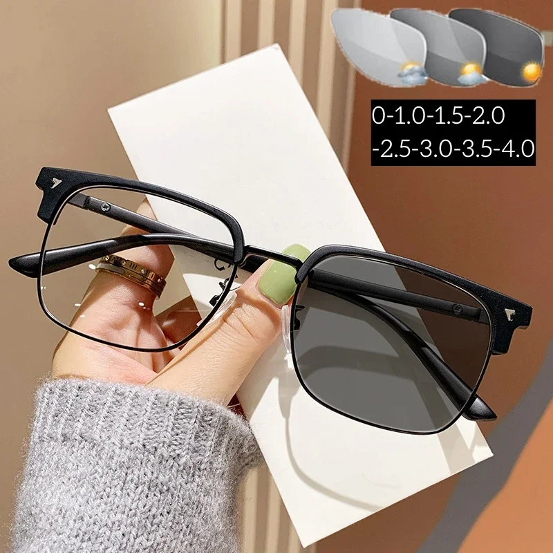 

Ladies Half Frame Photochromic Glasses Women Luxury Design Diopter Sun Glasses Unisex Square Frame Finished Myopia Eyewear