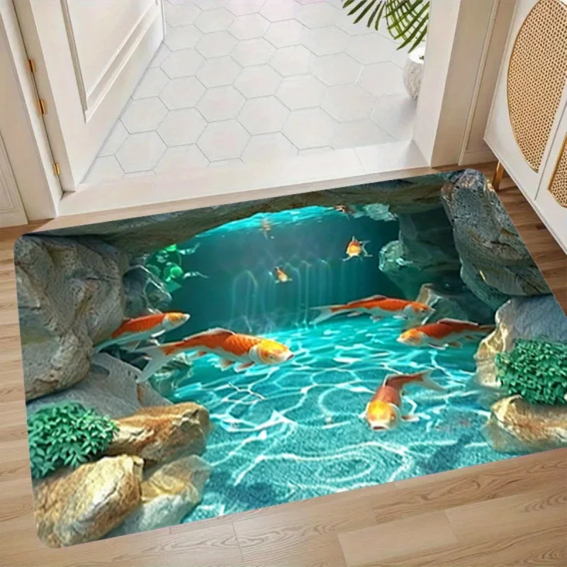 VIKAMA 3D Koi Fish Pond Area Rug, Non-Slip Washable Floor Mat, Realistic Underwater Koi Print Carpet for Living Room Bathroom