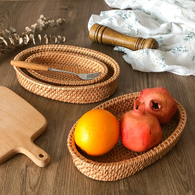 

Корзина с фруктами из ротанга ручной работы, 3 упаковки, корзина для булочек с хлебом в скандинавском стиле, многоцелевой домашний декор для хранения