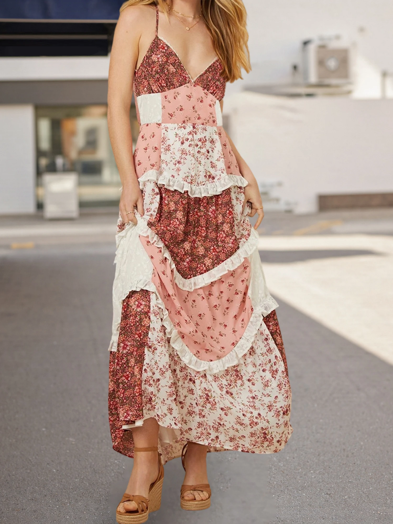 Robe longue de Style bohème avec ourlet à volants et détails à nouer au dos pour femmes robe d'été élégante sans manches à col en V