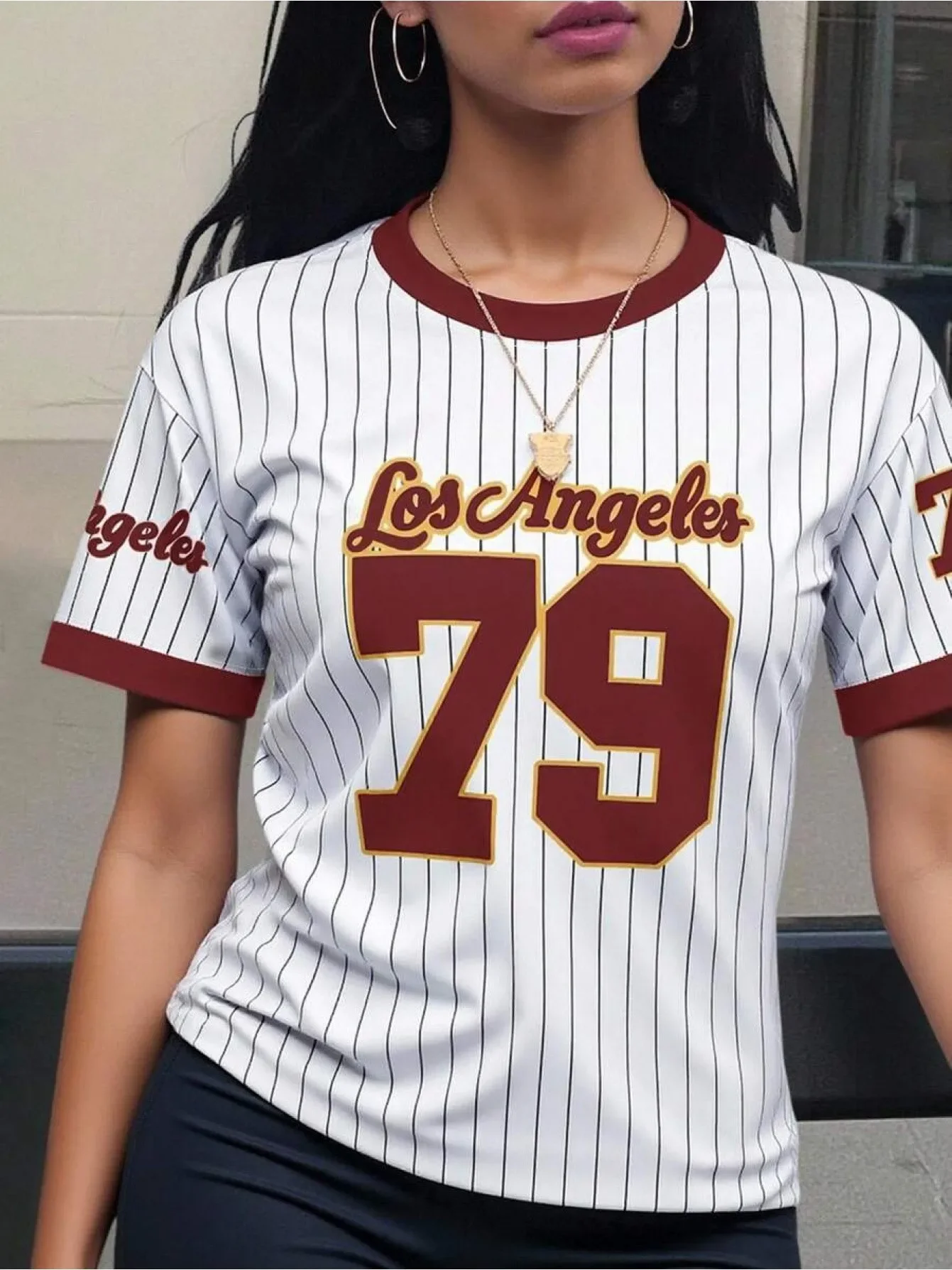 Los Angeles 79 Letter Print Striped Short Sleeve T-shirt, Unisex Crew Neck Baseball Style Tee, Retro Casual Streetwear Top