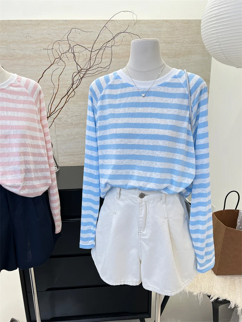 

Футболка с длинным рукавом в тонкую полоску, защита от солнца, свободный крой, стройнящий эффект, высококачественный повседневный топ в корейском стиле для города