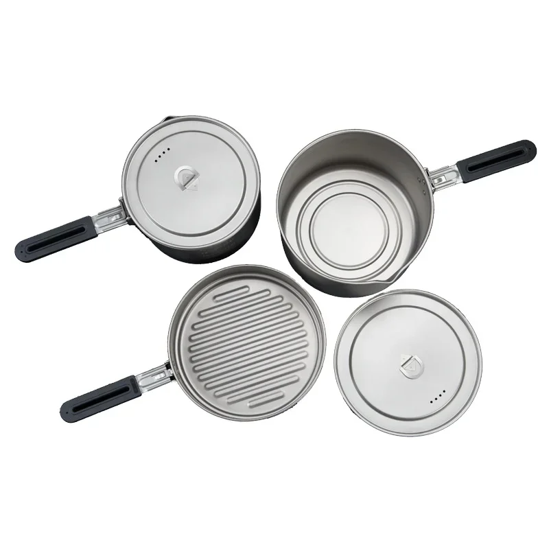 Ultralight Titanium Pot Pan Pure Titanium Cookset Outdoor Camping Cookware Wood  Pot Pan Set