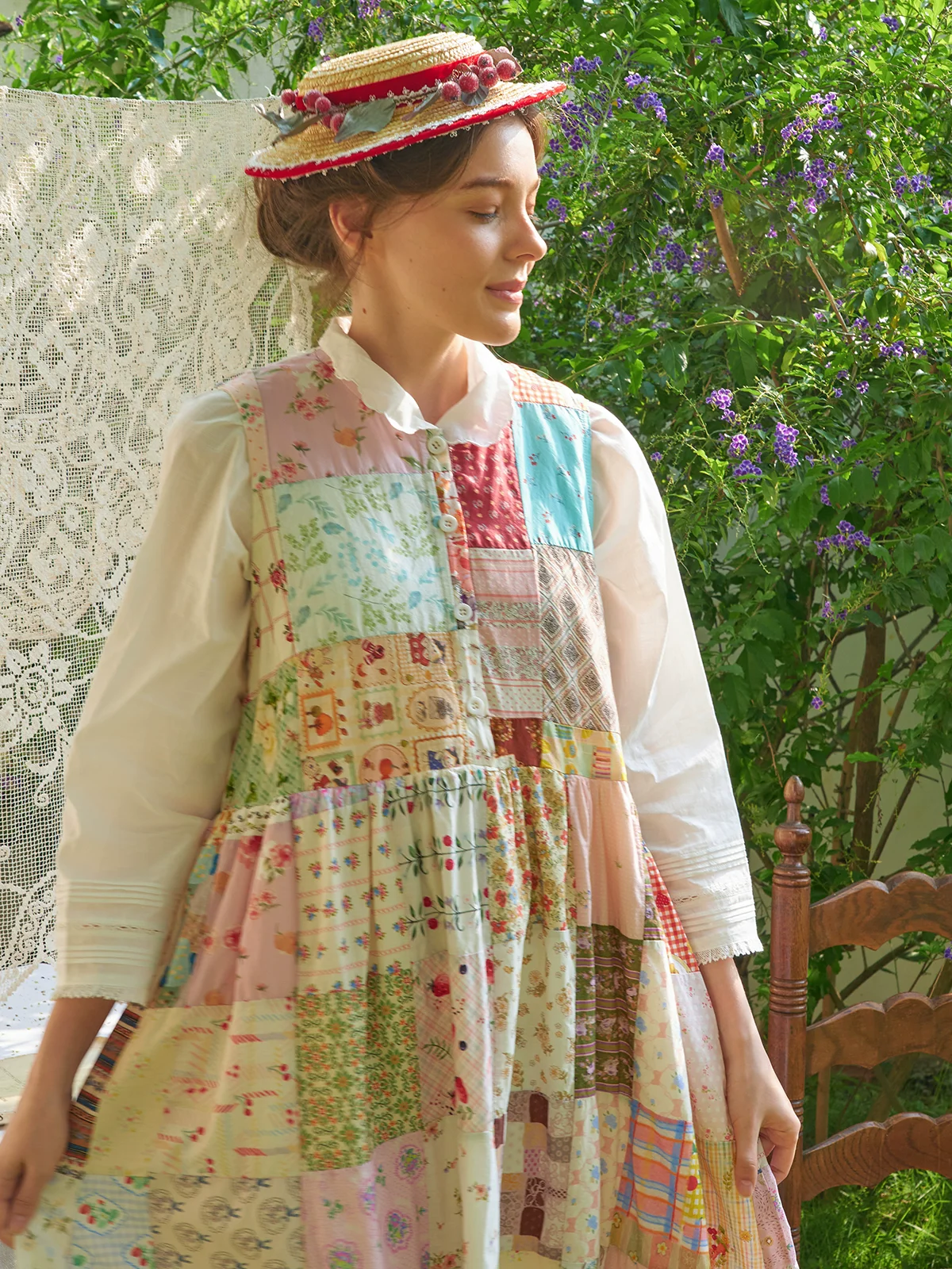 Spring Summer Women Aoizumi Yuu's Forest Girl Style Patchwork Loose Vest Cotton Fabric Dress
