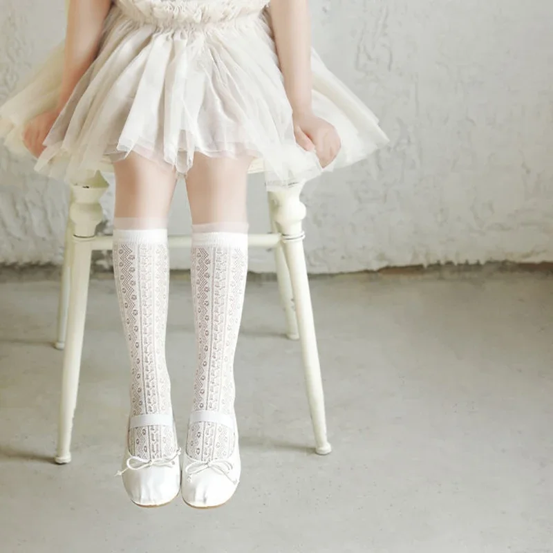 3Pairs Princess White Lace Ruffle Stockings Girl Summer Mesh Sock Thin Breathable Kids Long Socks 3-12Year Children Calf Socks