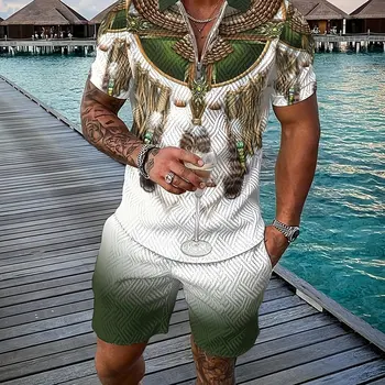 Retro estilo nacional totem 3d impressão conjunto de moletom masculino verão zíper camisa polo + shorts 2 pçs conjuntos homem roupas conjunto agasalho