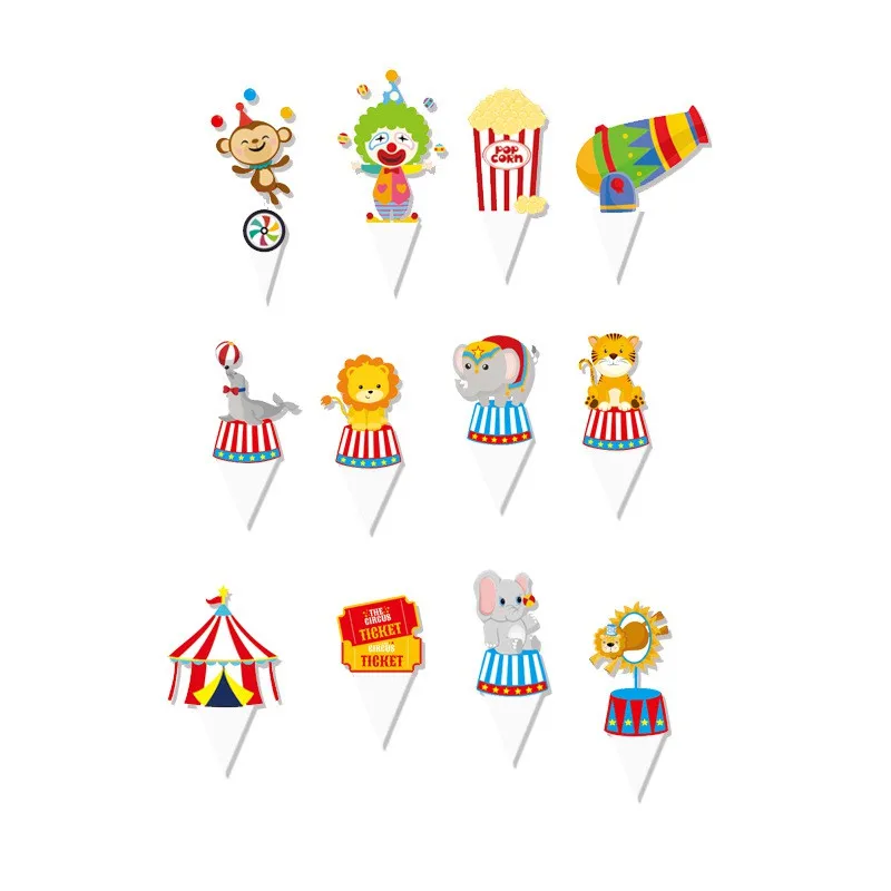 12pcs Circus Theme Double-print Cupcake Toppers Cake Picks For Cake Dessert Decorations