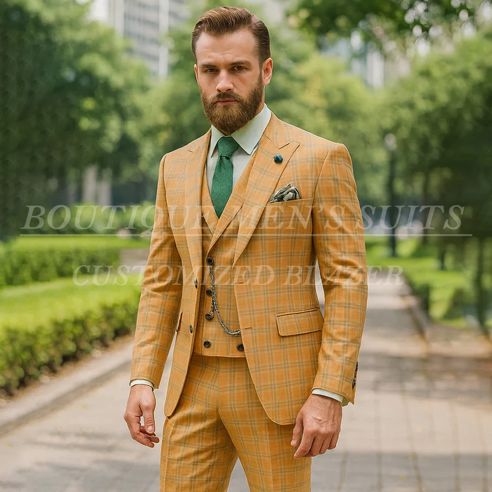 

Luxury Plaid Men's Suits Formal Single Breasted Peak Lapel Slim Fit 3 Piece Jacket Pants Vest Full Sets High Quality Outfits